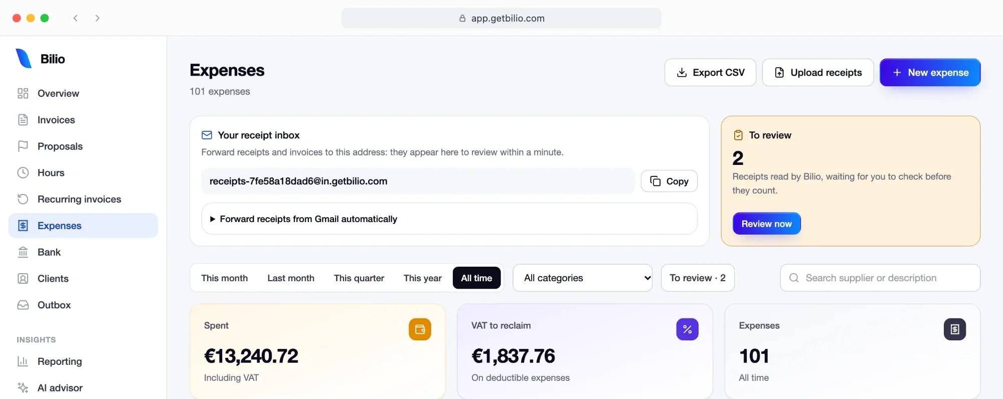 Bilio expenses: your receipt inbox address, receipts waiting for review, money spent and VAT to reclaim