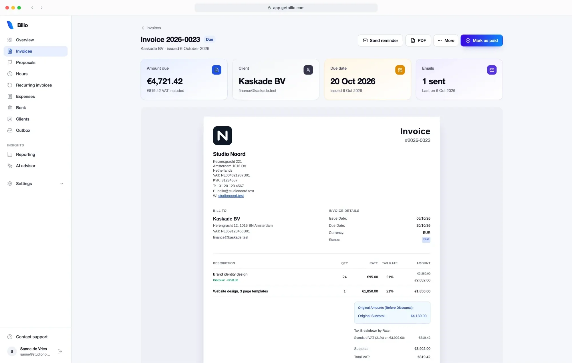 An invoice in Bilio: amount due with VAT included, the client, the due date and emails sent, with Send reminder, PDF and Mark as paid