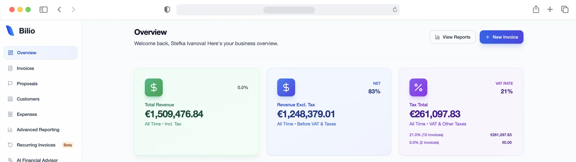 The Bilio overview: total revenue, revenue excluding VAT and the VAT total